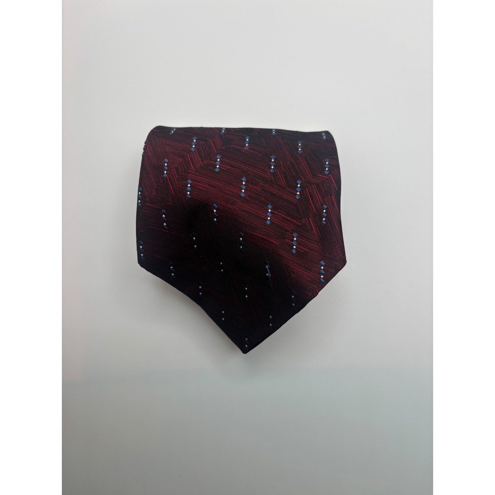 Burma Bibas Mens Silk Necktie Burgundy Geometric Blue White Diamond Pattern